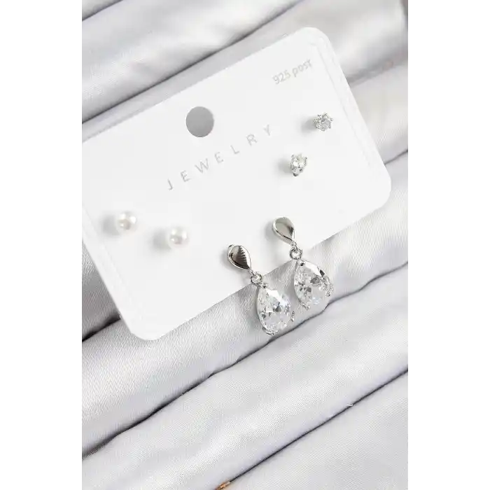 Pirinç Zirkon Taşlı Sallantılı Damla Model Gümüş Renk 925 Ayar Gümüş Çivi Kadın Küpe Set
