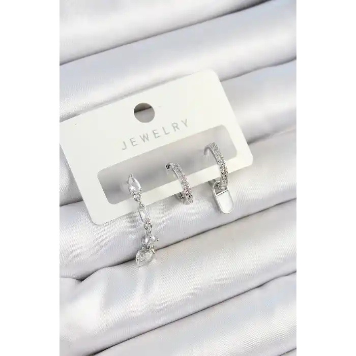 Pirinç Zirkon Taşlı Sallantılı Model Gümüş Renk 3lü Çift Kadın Küpe Set