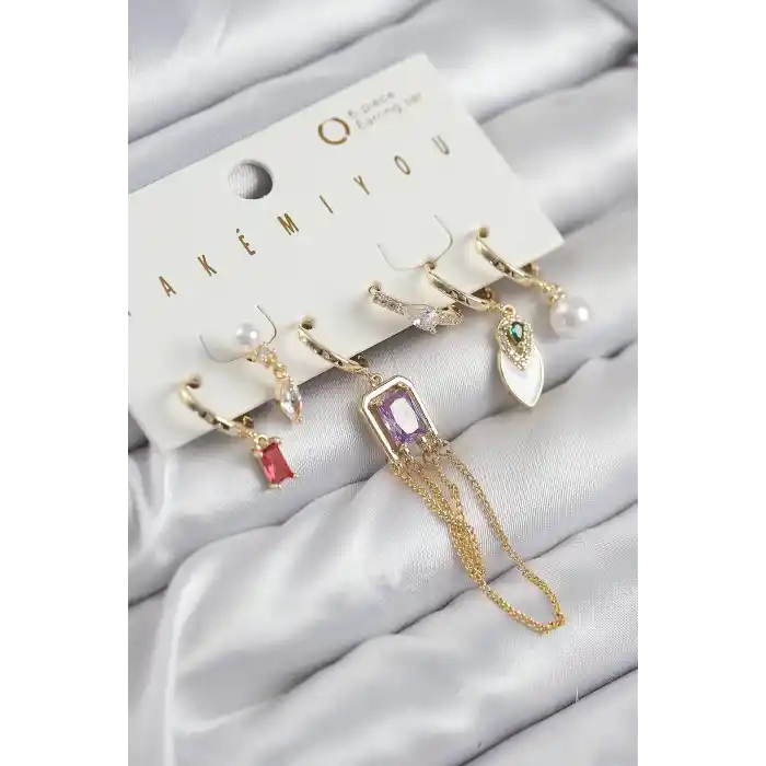 Pirinç Zirkon Taşlı Sallantılı Ve İncili Gold Renk 6lı Küpe Set