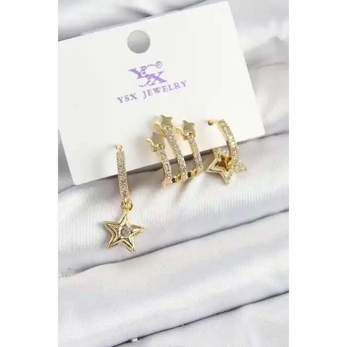 Pirinç Zİrkon Taşlı Sallantılı Yıldız Model Gold Renk 3lü Kadın Küpe