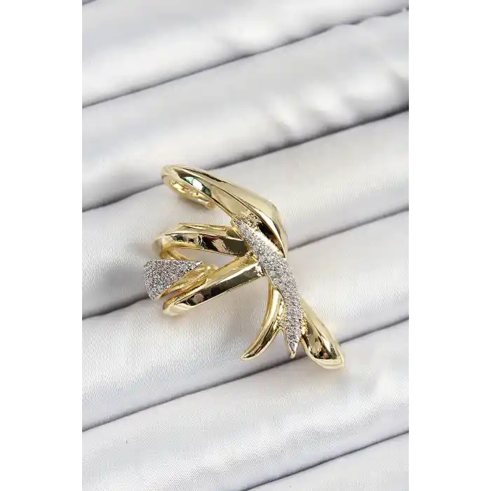 Pirinç Zirkon Taşlı Sıkıştırma Sağ Kıkırdak Gold Renk Kadın Küpe