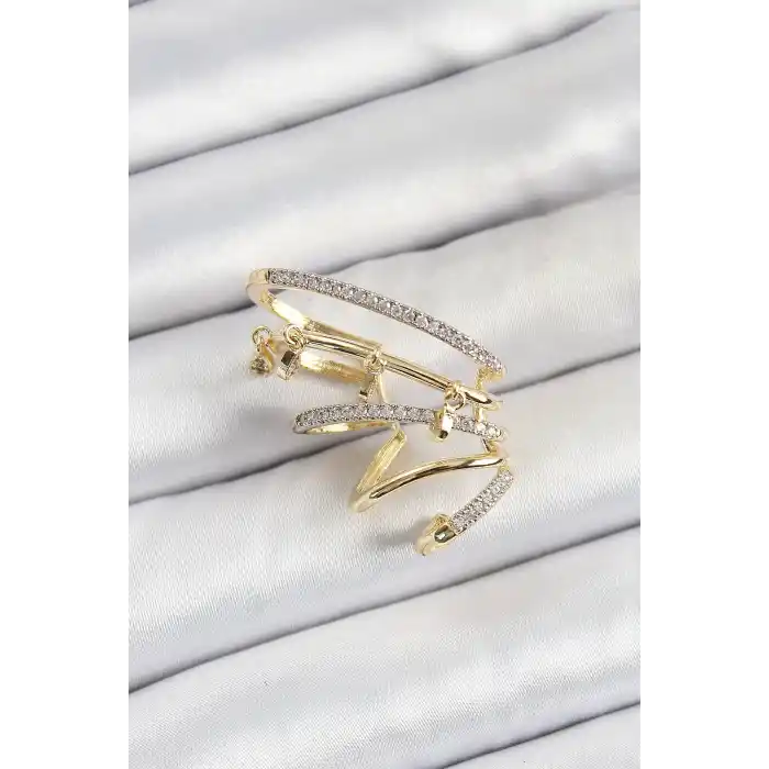 Pirinç Zirkon Taşlı Sıkıştırma Sağ Kıkırdak Gold Renk Kadın Küpe