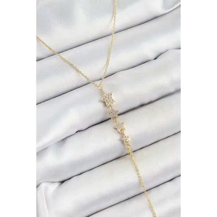 Pirinç Zirkon Taşlı Sıralı Yıldız Figürlü Y Model Gold Renk Kadın Kolye