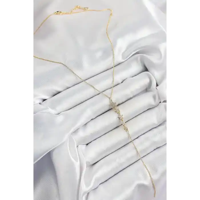 Pirinç Zirkon Taşlı Sıralı Yıldız Figürlü Y Model Gold Renk Kadın Kolye