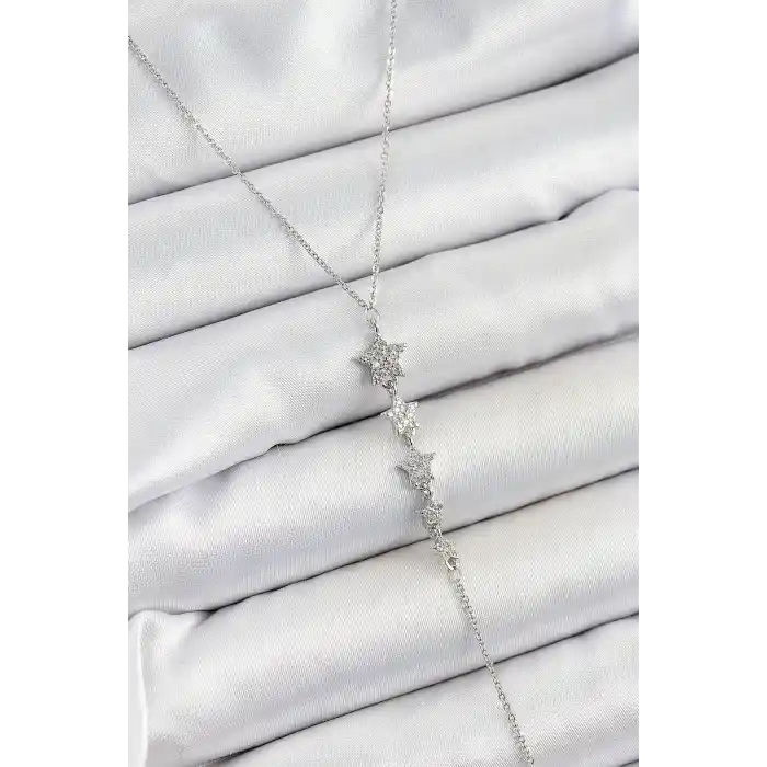 Pirinç Zirkon Taşlı Sıralı Yıldız Figürlü Y Model Gümüş Renk Kadın Kolye