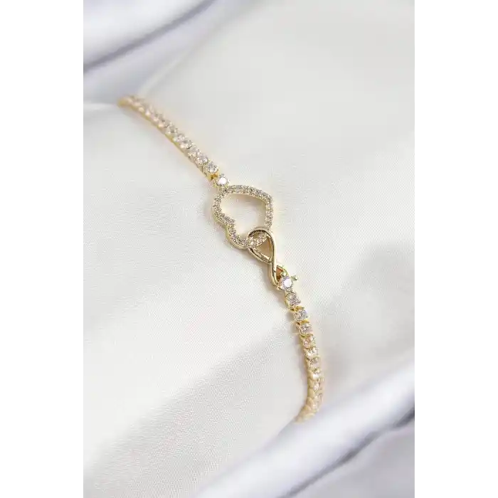 Pirinç Zirkon Taşlı Sonsuzluk Kalp Model Gold Renk Kadın Bileklik