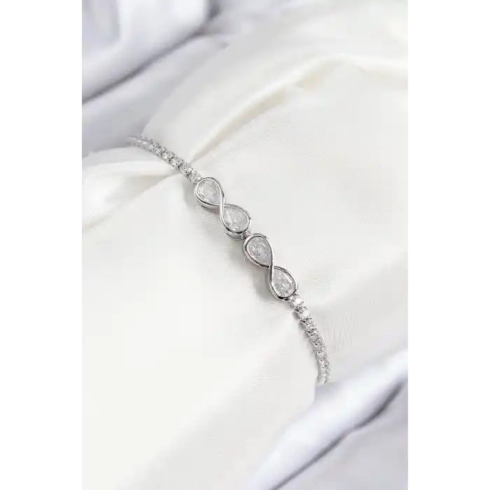 Pirinç Zirkon Taşlı Sonsuzluk Model Gümüş Renk Asansörlü Kadın Bileklik