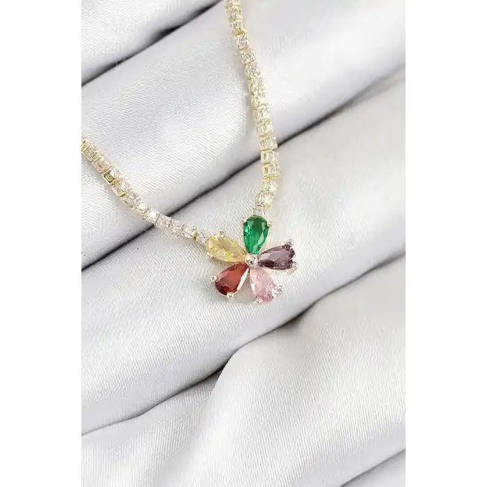 Pirinç Zirkon Taşlı Su Yolu Asorti Çiçek Model Gold Renk Kadın Kolye