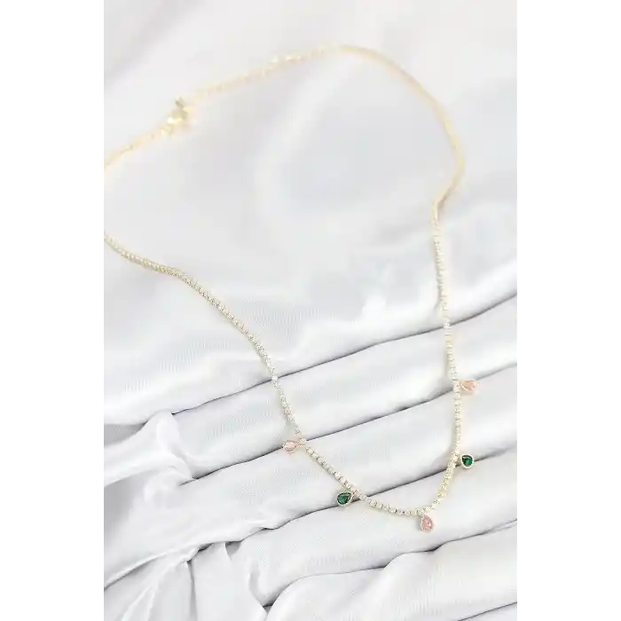 Pirinç Zirkon Taşlı Su Yolu Damla Model Gold Renk Kadın Kolye