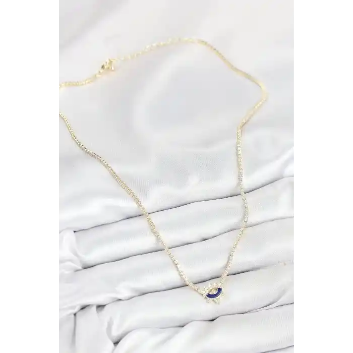 Pirinç Zirkon Taşlı Su Yolu Göz Model Gold Renk Kadın Kolye
