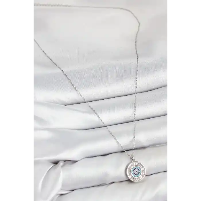 Pirinç Zirkon Taşlı Su Yolu Nazar Model Gümüş Renk Kadın Kolye