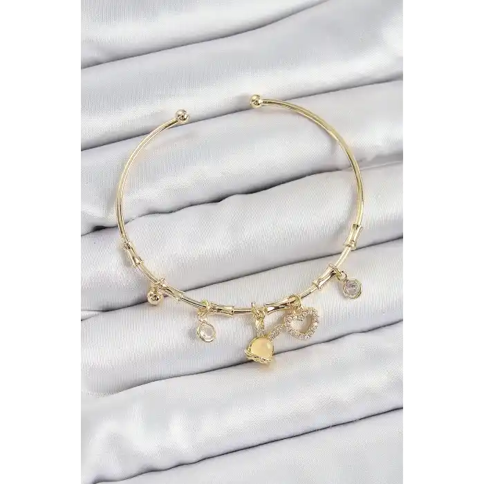 Pirinç Zirkon Taşlı Tavşan Ve Kalp Model Gold Renk Charm Bileklik