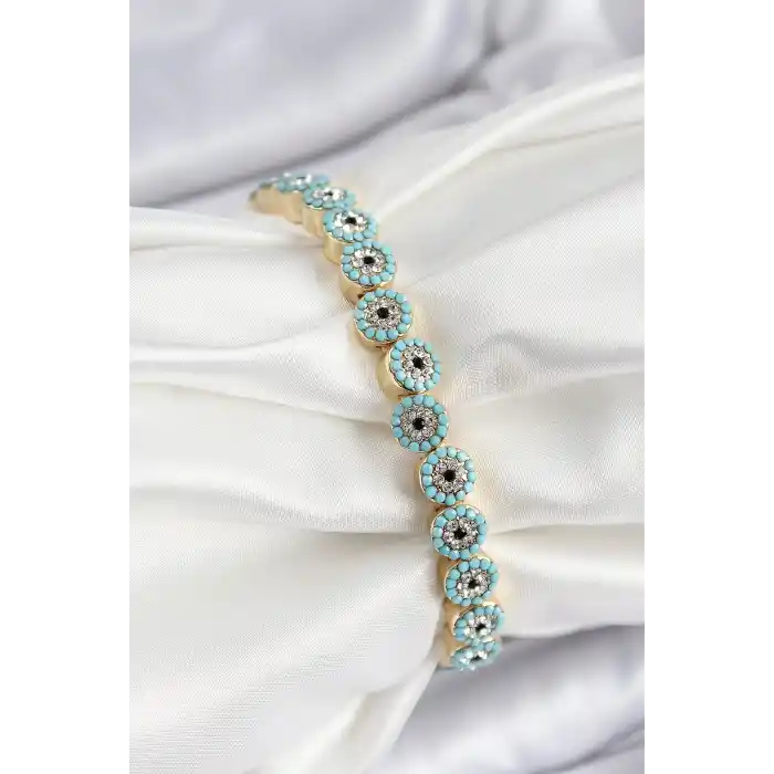 Pirinç Zirkon Taşlı Turkuaz Nazar Model Gold Renk Lastikli Kadın Bileklik