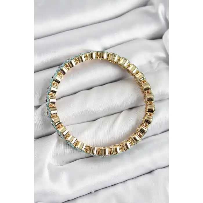 Pirinç Zirkon Taşlı Turkuaz Nazar Model Gold Renk Lastikli Kadın Bileklik