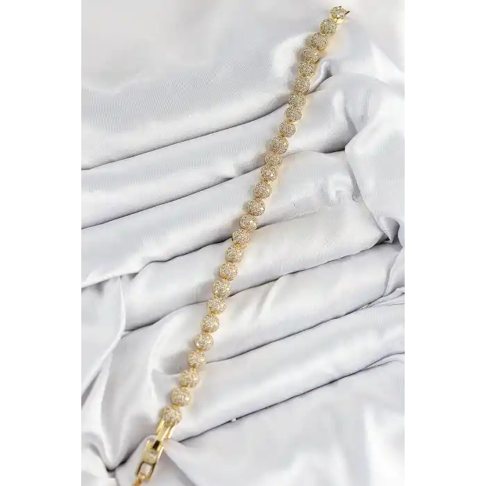 Pirinç Zirkon Taşlı Yarım Topcuk Model Gold Renk VIP Seri Kadın Bileklik