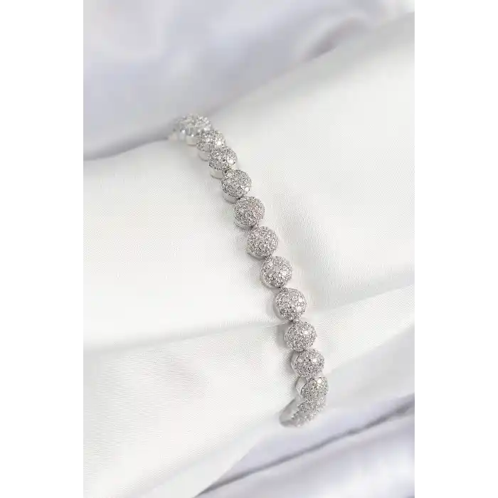Pirinç Zirkon Taşlı Yarım Topcuk Model Gümüş Renk VIP Seri Kadın Bileklik