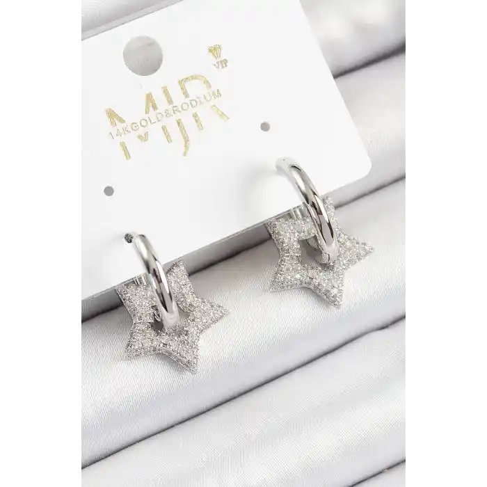 Pirinç Zirkon Taşlı Yıldız Figürlü Halka Model Gümüş Renk Kadın Küpe