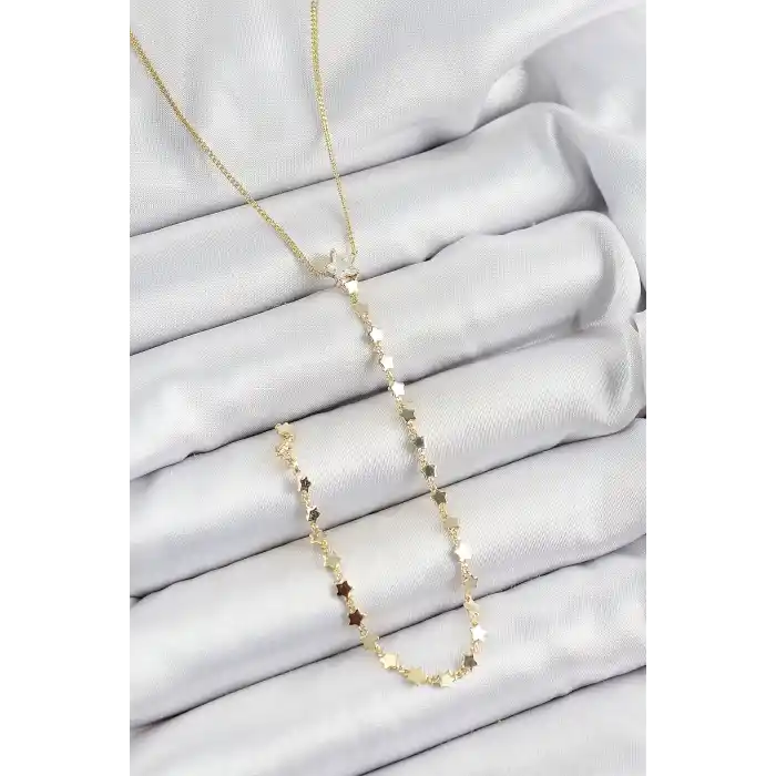 Pirinç Zirkon Taşlı Yıldız Figürlü Y Model Gold Renk Kadın Kolye