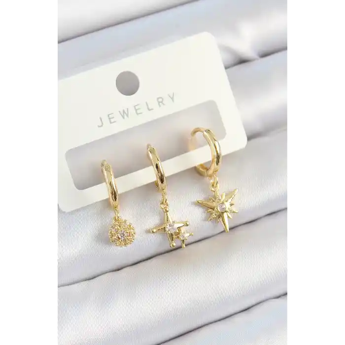 Pirinç Zirkon Taşlı Yıldız Model Gold Renk 3lü Çift Kadın Küpe Set