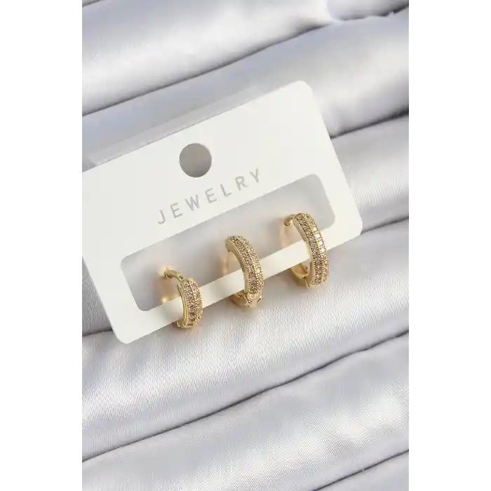 Pirinç Zirkon Taşlı Yıldız Model Gold Renk 3lü Çift Kadın Küpe Set