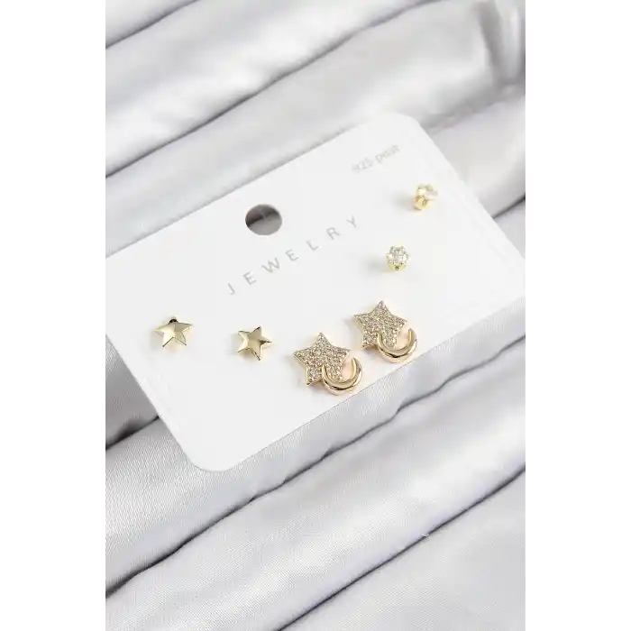 Pirinç Zirkon Taşlı Yıldız Model Gold Renk 925 Ayar Gümüş Çivi Kadın Küpe Set