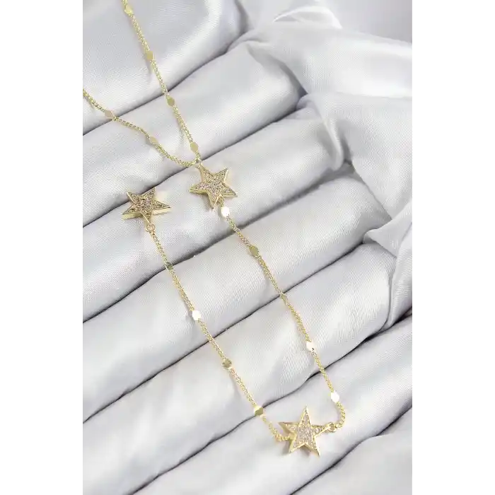 Pirinç Zirkon Taşlı Yıldız Model Gold Renk Y Kolye