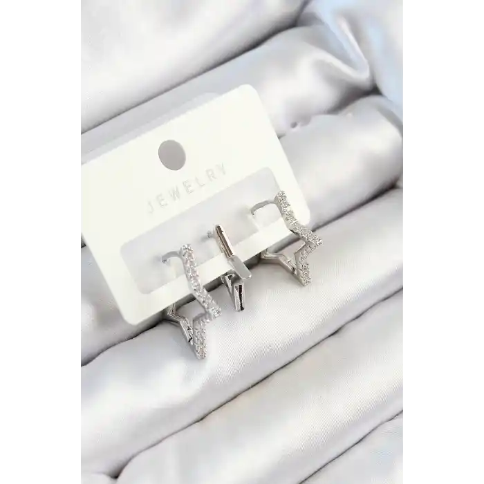 Pirinç Zirkon Taşlı Yıldız Model Gümüş Renk 3lü Çift Kadın Küpe Set