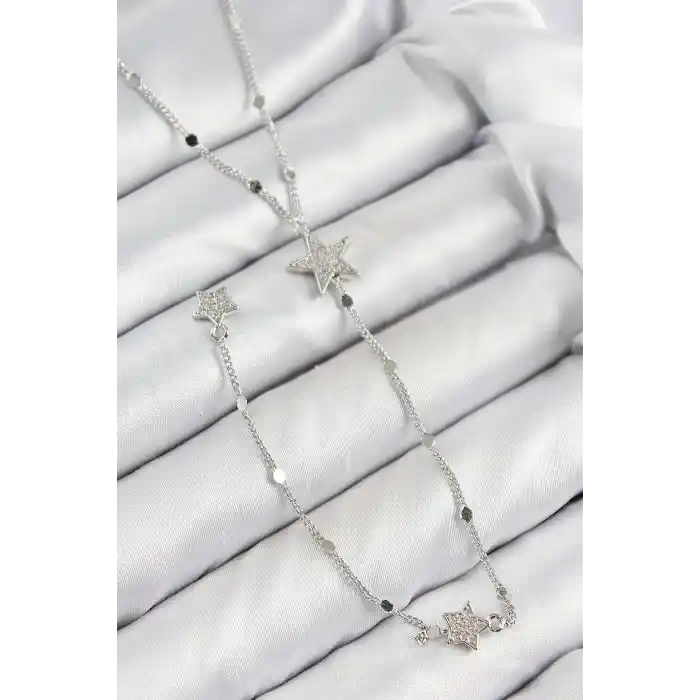 Pirinç Zirkon Taşlı Yıldız Model Gümüş Renk Y Kolye
