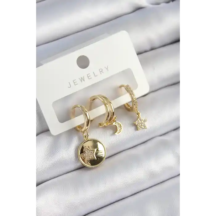 Pirinç Zirkon Taşlı Yıldız Ve Ay Model Gold Renk 3lü Çift Kadın Küpe Set