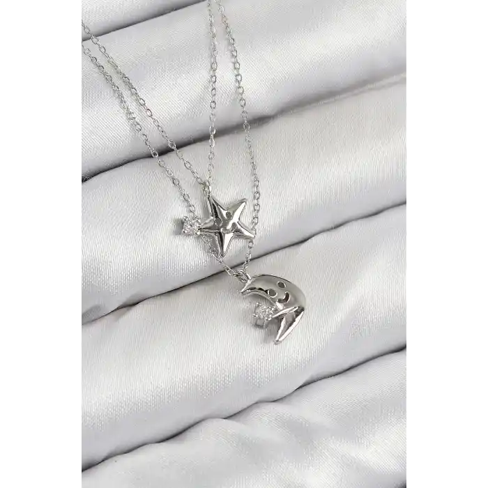 Pirinç Zirkon Taşlı Yıldız Ve Ay Model Gümüş Renk Kadın Kolye