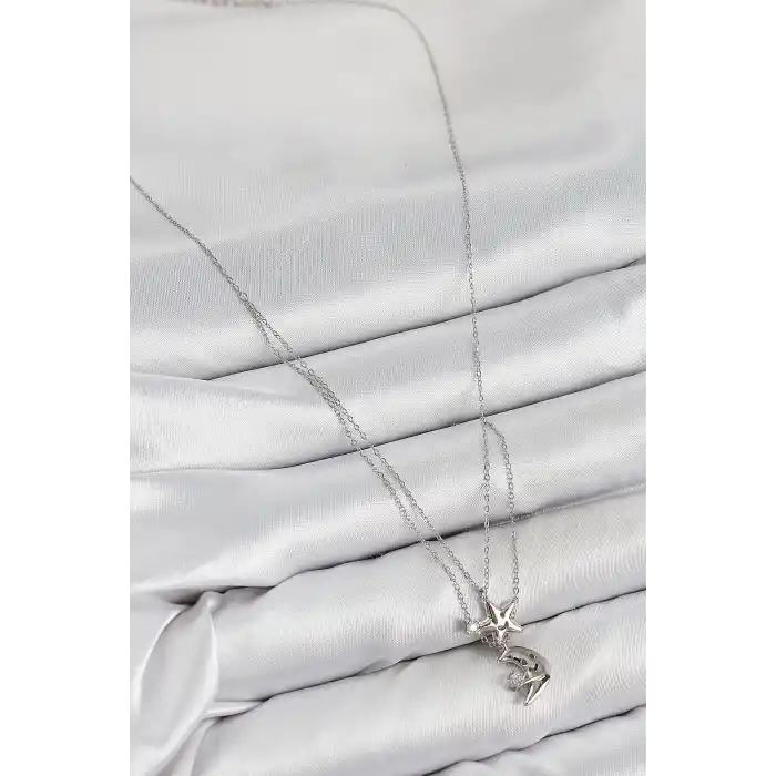 Pirinç Zirkon Taşlı Yıldız Ve Ay Model Gümüş Renk Kadın Kolye