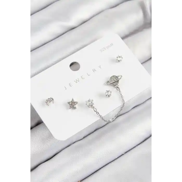 Pirinç Zirkon Taşlı Yıldız Ve Gezegen Model Gümüş Renk 925 Ayar Gümüş Çivi Kadın Küpe Set