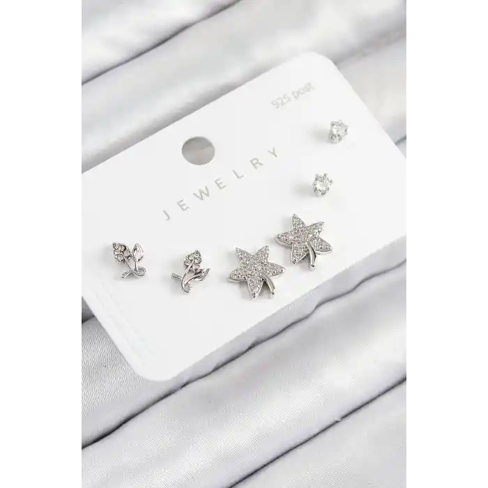 Pirinç Zirkon Taşlı Yıldız Ve Gül Model Gümüş Renk 925 Ayar Gümüş Çivi Kadın Küpe Set