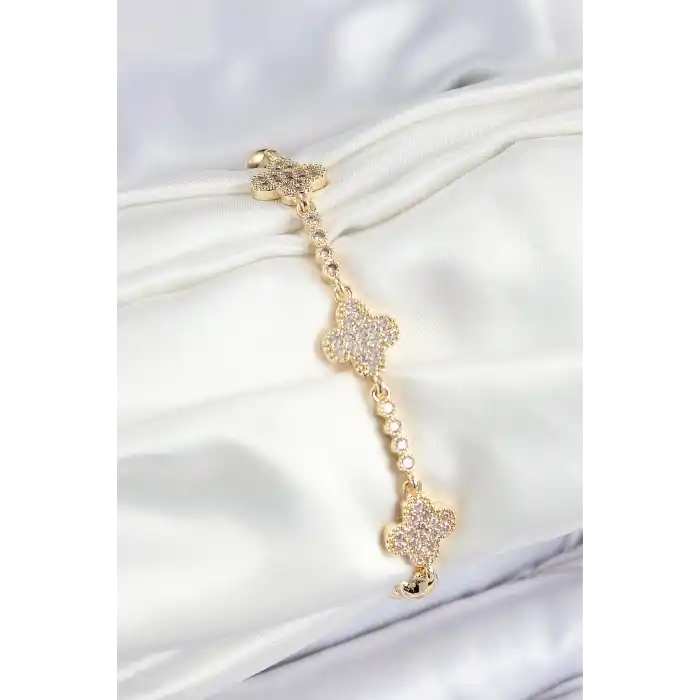 Pirinç Zirkon Taşlı Yonca Model Gold Renk Kadın Bileklik