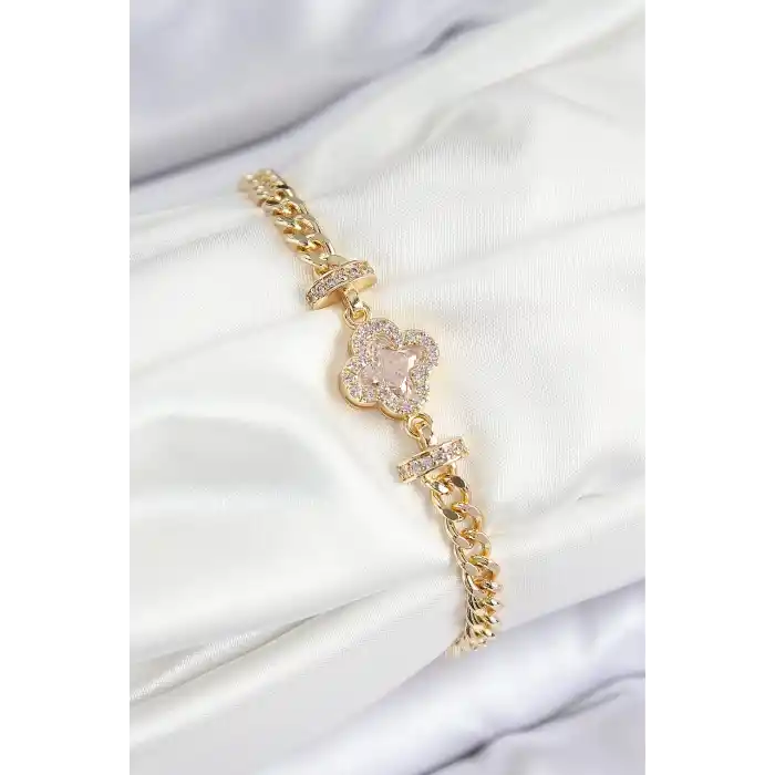 Pirinç Zirkon Taşlı Yonca Model Gold Renk Kadın Bileklik