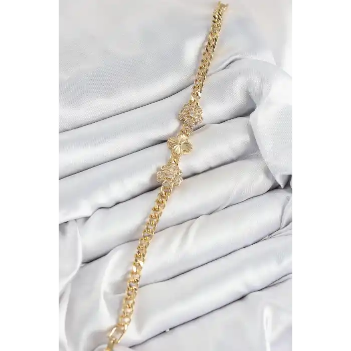 Pirinç Zirkon Taşlı Yonca Model Gold Renk Kadın Bileklik