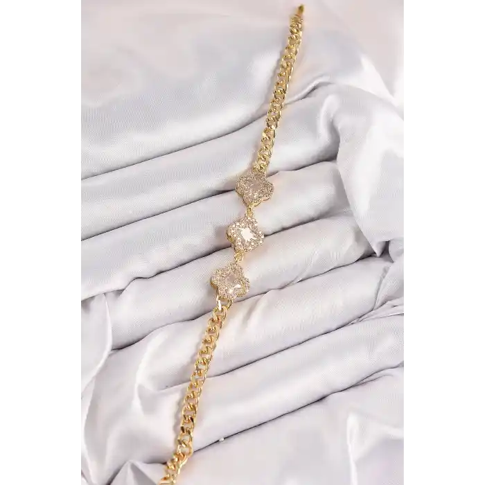 Pirinç Zirkon Taşlı Yonca Model Gold Renk Kadın Bileklik
