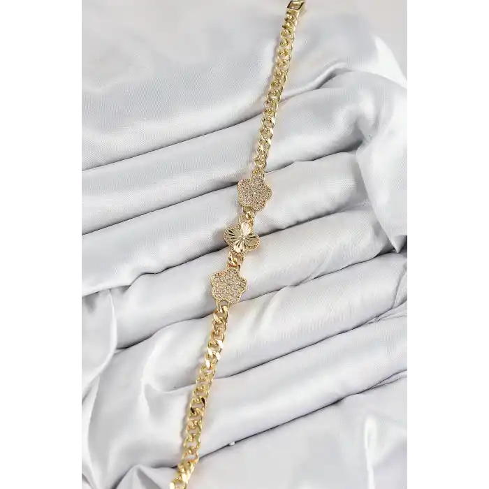 Pirinç Zirkon Taşlı Yonca Model Gold Renk Kadın Bileklik