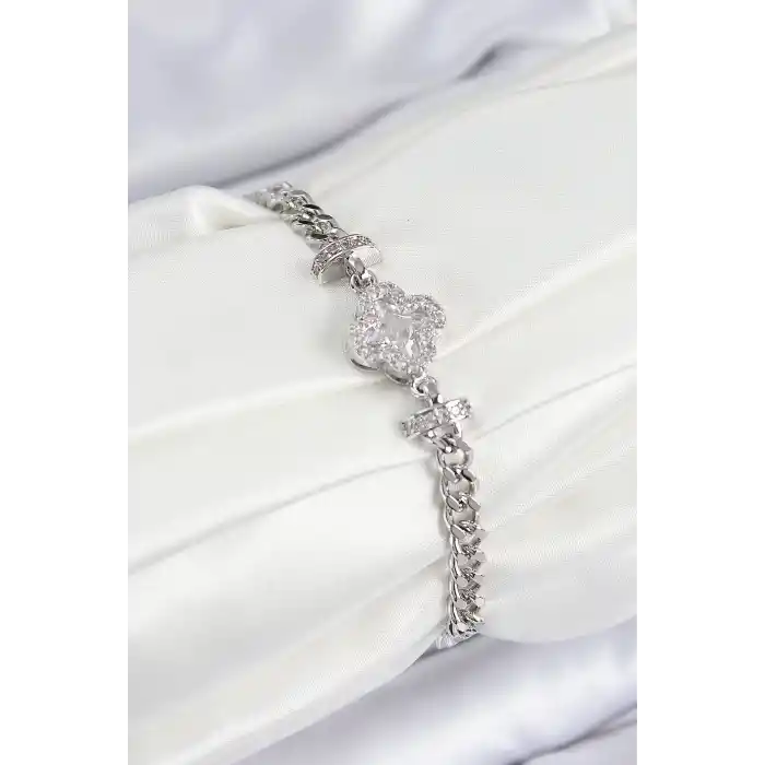 Pirinç Zirkon Taşlı Yonca Model Gümüş Renk Kadın Bileklik
