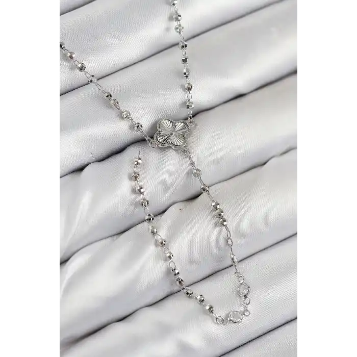 Pirinç Zirkon Taşlı Yonca Model Gümüş Renk Kadın Y Kolye