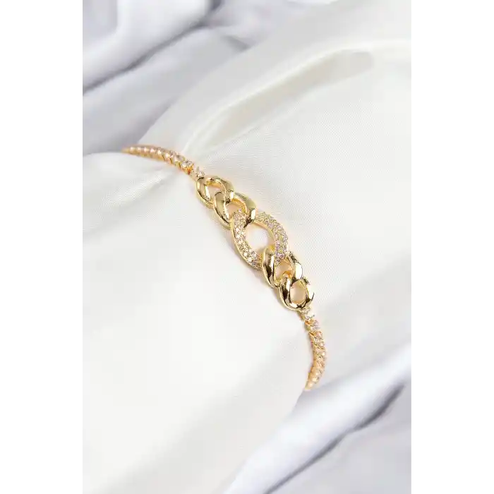 Pirinç Zirkon Taşlı Zincir Model Gold Renk Asansörlü Kadın Bileklik