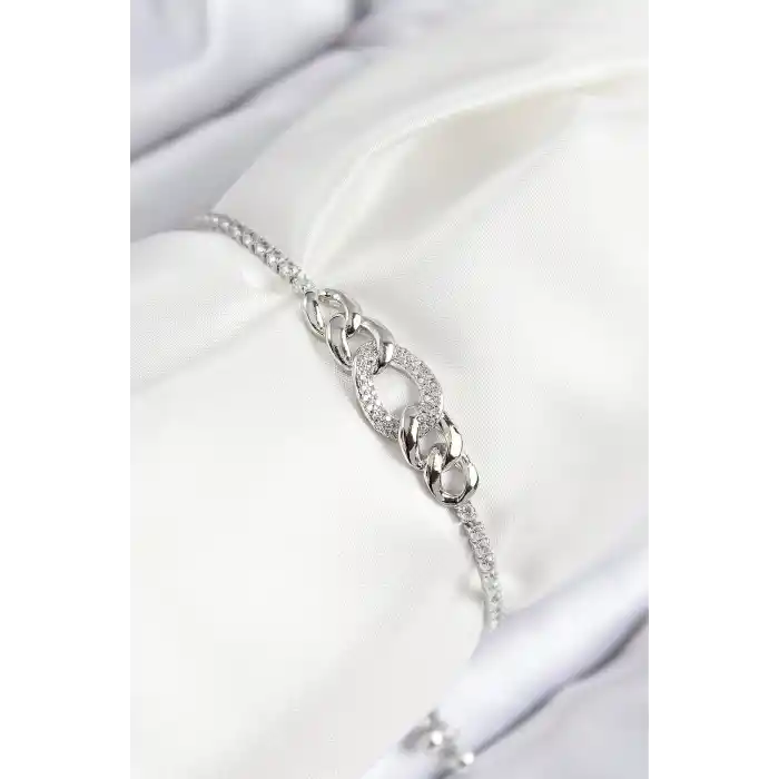 Pirinç Zirkon Taşlı Zincir Model Gümüş Renk Asansörlü Kadın Bileklik