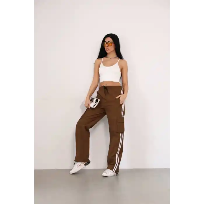 Praşut Kumaş Kargo Çeplı Baggy Esofman - Kahve