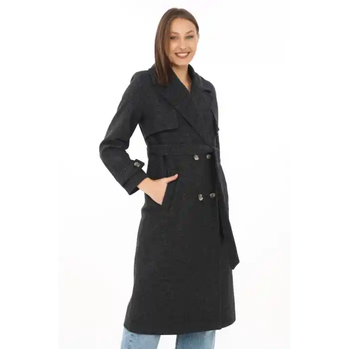 Premium Kadın Kaşe Kaban Uzun Boy, Balık Sırtı Yünlü Kaşmir Dokuma, Kruvaze Kuşaklı Astarlı - Siyah