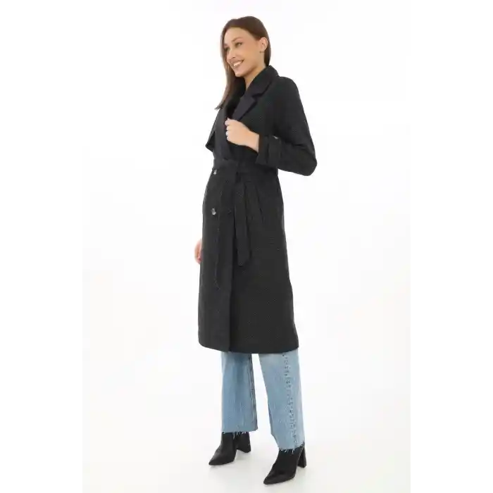 Premium Kadın Kaşe Kaban Uzun Boy, Balık Sırtı Yünlü Kaşmir Dokuma, Kruvaze Kuşaklı Astarlı - Siyah