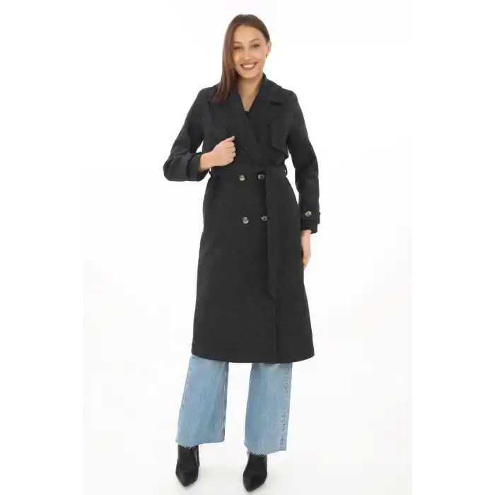 Premium Kadın Kaşe Kaban Uzun Boy, Balık Sırtı Yünlü Kaşmir Dokuma, Kruvaze Kuşaklı Astarlı - Siyah