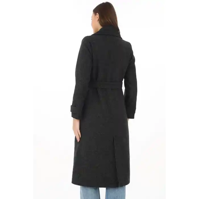 Premium Kadın Kaşe Kaban Uzun Boy, Balık Sırtı Yünlü Kaşmir Dokuma, Kruvaze Kuşaklı Astarlı - Siyah