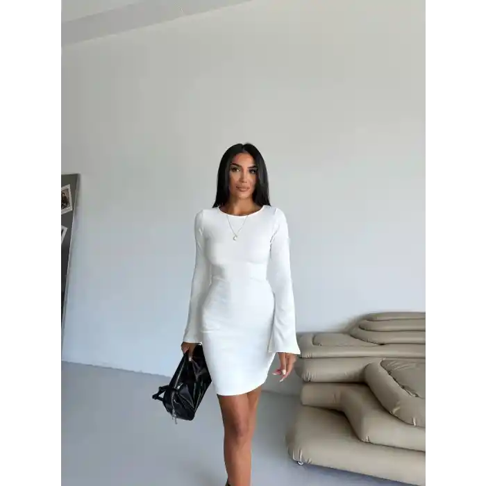 Prenses kol esnek kumaş elbise beyaz f2334
