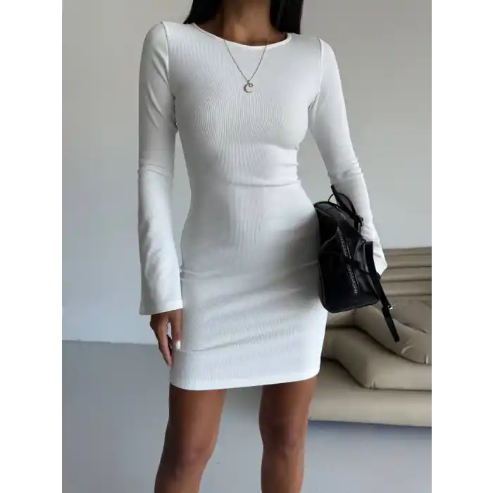 Prenses kol esnek kumaş elbise beyaz f2334