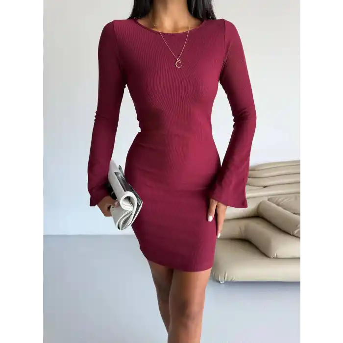 Prenses kol esnek kumaş elbise bordo f2334